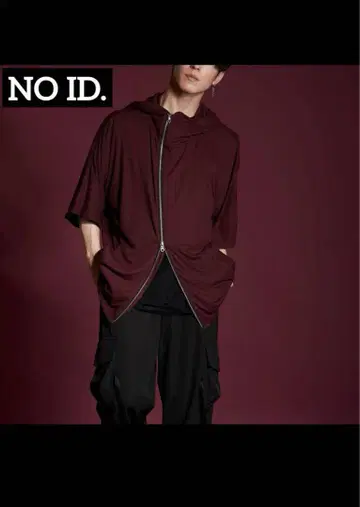 NO ID. 7분 소매 버건디 집업 후드 부착 후드티