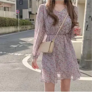꽃무늬 쉬폰 미니 원피스 긴팔
