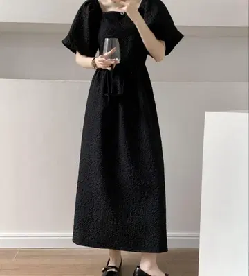 SALE 가격 블랙 퍼프 슬리브 롱 원피스