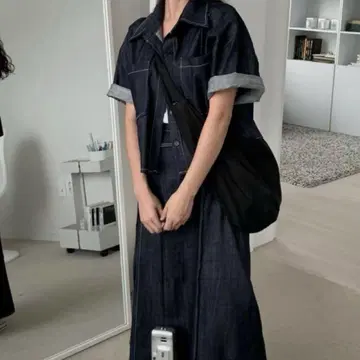 데님 반팔 롱 원피스