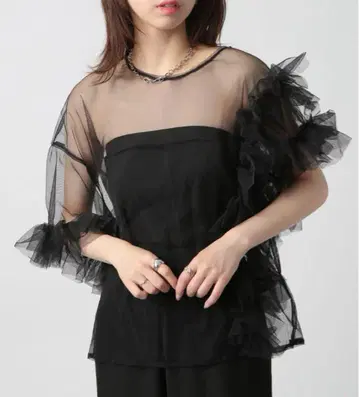 비대칭 튤 레이스 블라우스 시어 상의 프릴