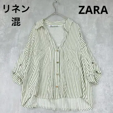ZARA 자라 린넨 혼방 스트라이프 그린 화이트 반팔 셔츠 롤업 여름