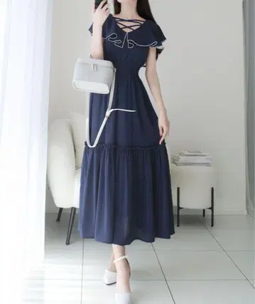 mily bilet 크로스 디자인 양류 프릴 옷깃 원피스
