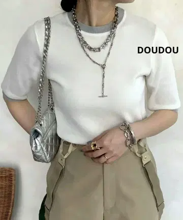 DOUDOU 5부 소매 배색 니트