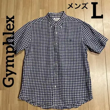 Gymplex 프렌치 린넨 반팔 셔츠 체크 무늬 남성용 L 사이즈