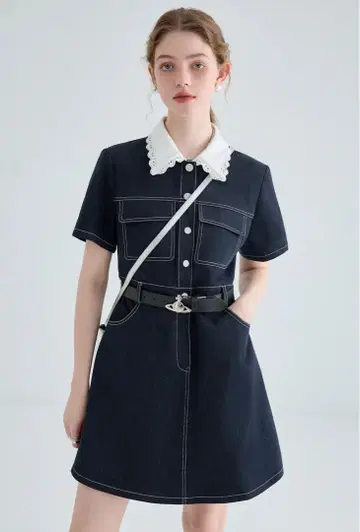 다크 데님 카라 부착 원피스