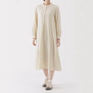 무인양품 새상품급 여성 카포크 혼방 이중 거즈 긴팔 원피스 S 베이지