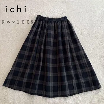 ichi 이치 린넨 타탄 체크 플레어 스커트 롱 스커트