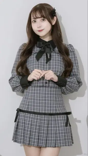 pium 체크 무늬 리본 포함 셋업