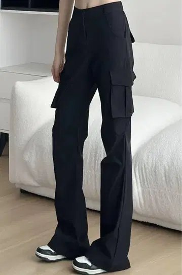 블랙 카고 팬츠 플레어 핏 초극세사, 반신축 허리, 속건성 M