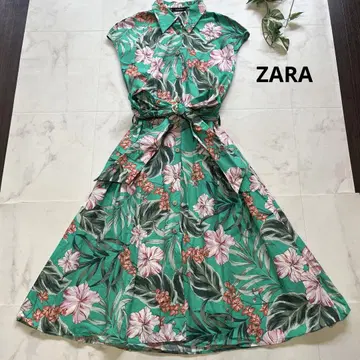 새상품급 ZARA 보타니컬 셔츠 원피스 사이즈 S 허리 리본 그린