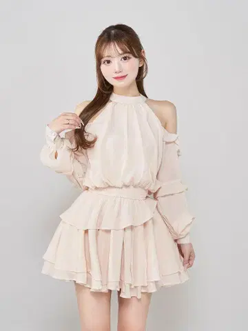 다리치 Darich 볼륨 쉬폰 미니 원피스 핑크 베이지