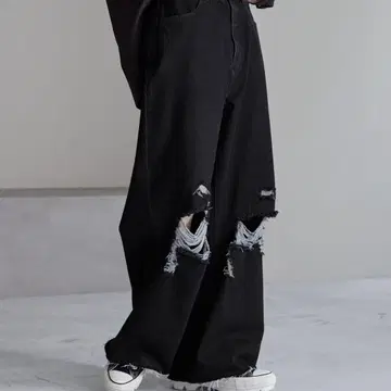 루즈 실루엣 데미지 와이드 데님 팬츠 블랙/L