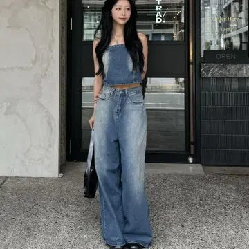 TRIFLE 베어 탑 워시드 데님 셋업