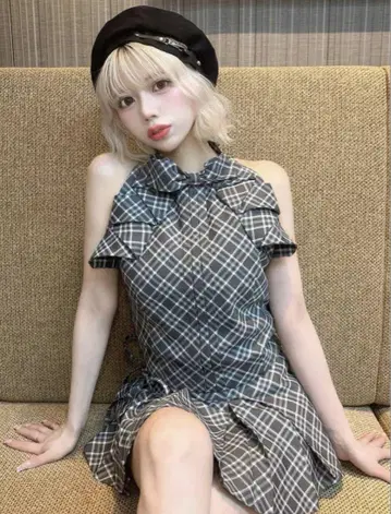 다리치 리본 체크 슬리브리스 블라우스 (그레이) 다리치