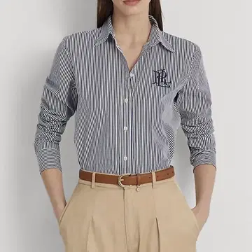 로렌 랄프 로렌 긴팔 셔츠 엠블럼 자수 스트라이프 다크 네이비 화이트 S
