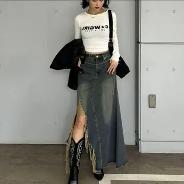 TRIFLE 데미지 슬릿 데님 롱 스커트