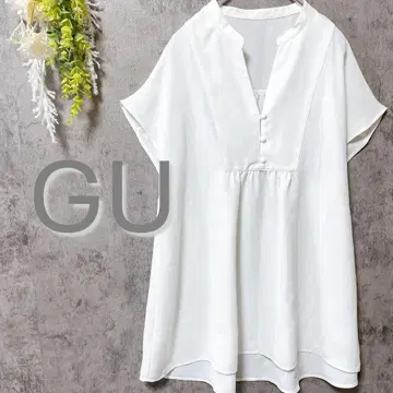지유 밴드 카라 개더 튜닉 블라우스 반팔 루즈핏 화이트 여름