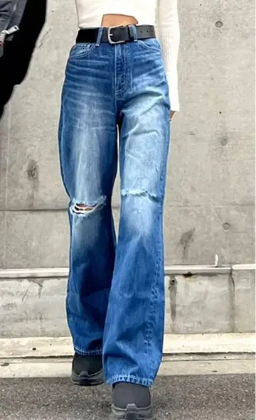 GYDA 하이 웨스트 KNEE 데미지 와이드 데님 팬츠 데님