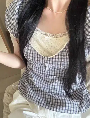 V넥 체크 상의 퍼프 페어리 발레 코어