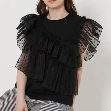 새상품 UNITED ARROWS 플리츠 프릴 콤비 티셔츠 BLK