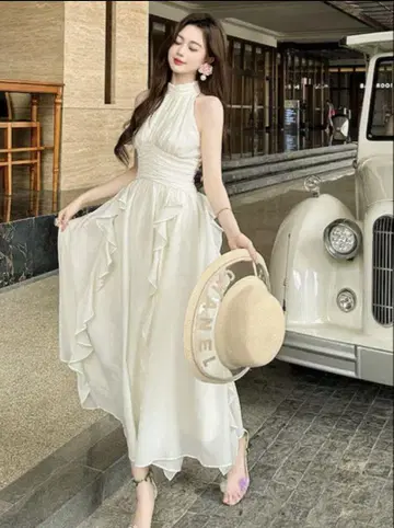 홀터넥 쉬폰 원피스 롱 화이트