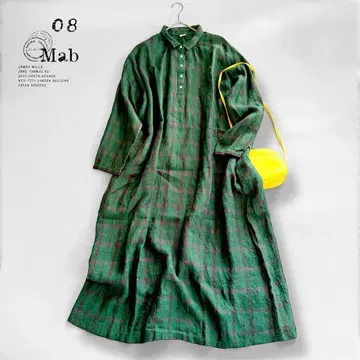 08Mab 린넨 셔츠 원피스 그린 체크 롱 개더