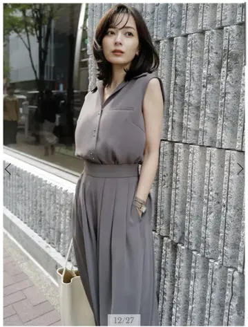 더블 새틴 오픈 카라 블라우스 & 더블 새틴 턱 와이드 팬츠 셋업