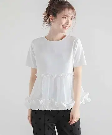 핏 모어 밑단 프릴 오간자 절개 티셔츠