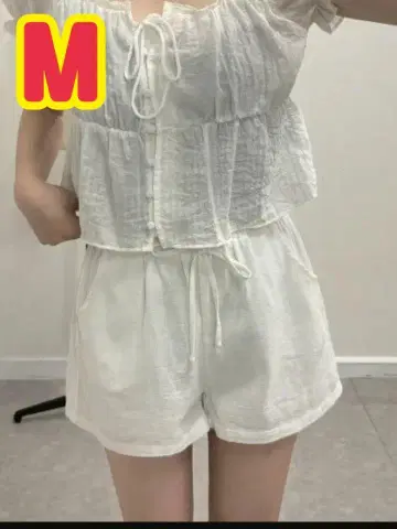 허리 리본 포함 화이트 팬츠 M 포켓 부착