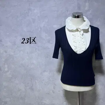 23구 니트 2way 프릴 리브 절개 스트레치 네이비 M 3935