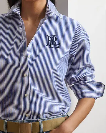 LAUREN RALPH LAUREN 엠블럼 자수 스트라이프 셔츠 블루