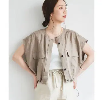 르쿨 블랑 린넨 캔버스 노카라 셔츠 자켓 베이지