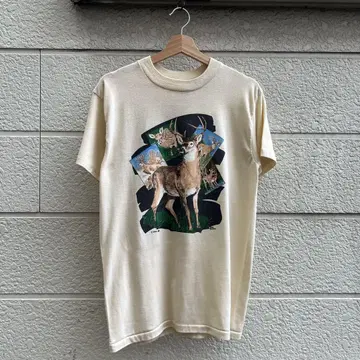 90s USA제 애니멀 프린트 티셔츠 사슴 베이지 L 빈티지