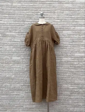 사만사 모스모스 다치카와 한정판 린넨 카라 부착 개더 원피스 베이지