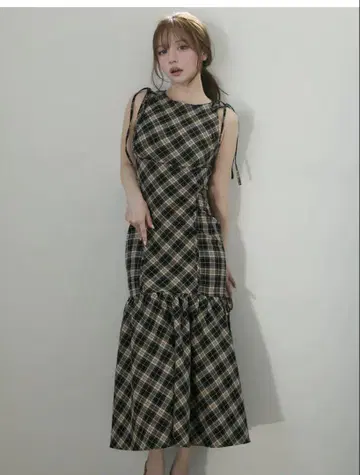 앤드메리 그렌다 리본 장미 무늬 긴 드레스 체크 S