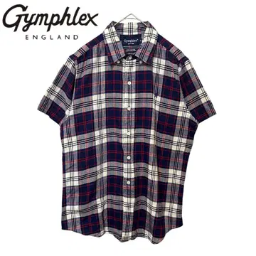 Gymphlex 코튼 체크 무늬 셔츠 반팔 로고 자수/네이비/14