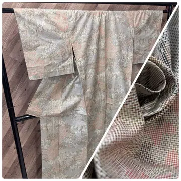 Z-645 단옷 순수 실크 명주 기모노 넓은 카라 도트 풍경 무늬