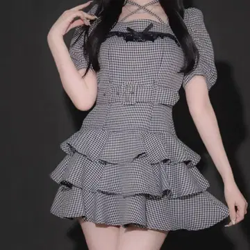 pium 티어드 프릴 미니 원피스 깅엄