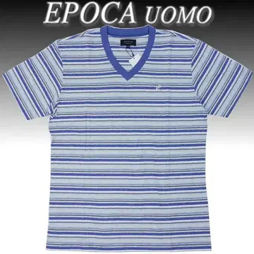 에포카 EPOCA 티셔츠 V넥 반팔 블루 계열 보더 무늬 로고 자수 M