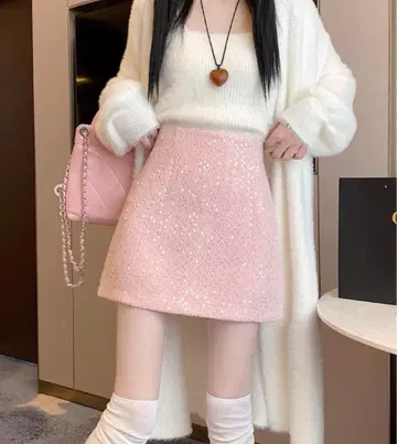 봄 스커트 핑크 안감 부착 스팽글 미니 스커트 화려한
