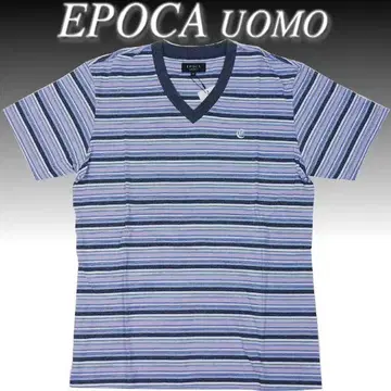 에포카 EPOCA 티셔츠 V넥 반팔 퍼플 계열 보더 무늬 로고 자수 M