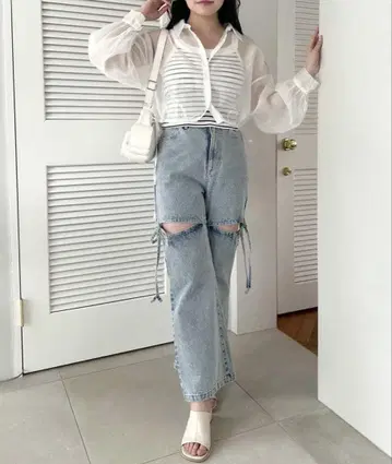 사이드 슬릿 리본 데님 팬츠