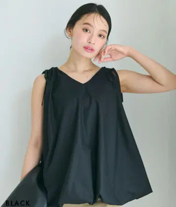 베이스먼트 온라인 리본 벌룬 슬리브리스 블라우스 블랙