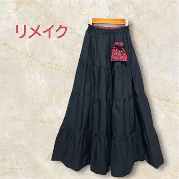 리메이크 구제 의류 롱 스커트 티어드 볼륨 체크 무늬