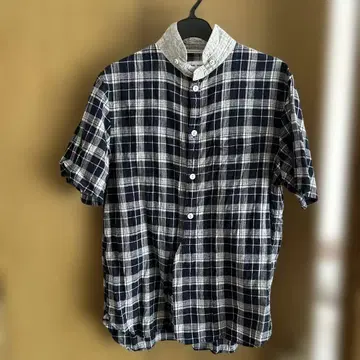 새상품급 MARINE UNIFORM 체크 무늬 둥근 카라 반팔 셔츠