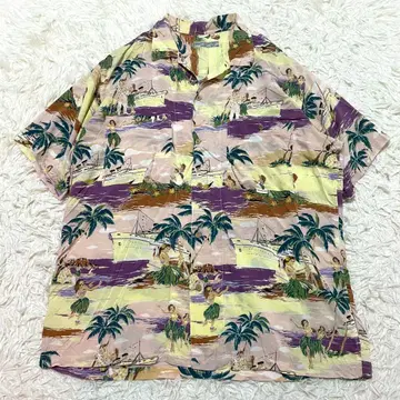 2XL 상당 파파스 알로하 셔츠 퍼플 계열 다이아몬드 헤드 팜 트리
