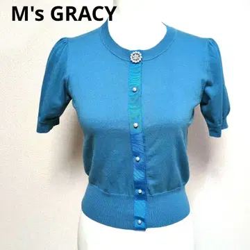 M's GRACY 파란색 니트 반팔 스웨터 펄 장식 버튼
