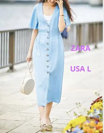 ZARA [USA L] 버튼이 달린 원피스 V 넥 데님풍 원피스