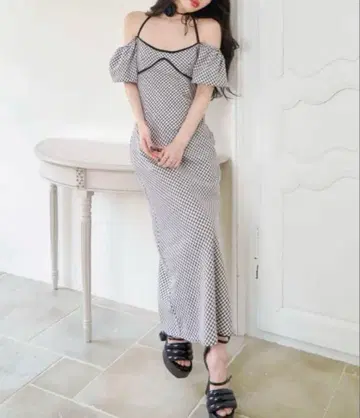 darich 파이핑 체크 롱 원피스 다리치 블랙